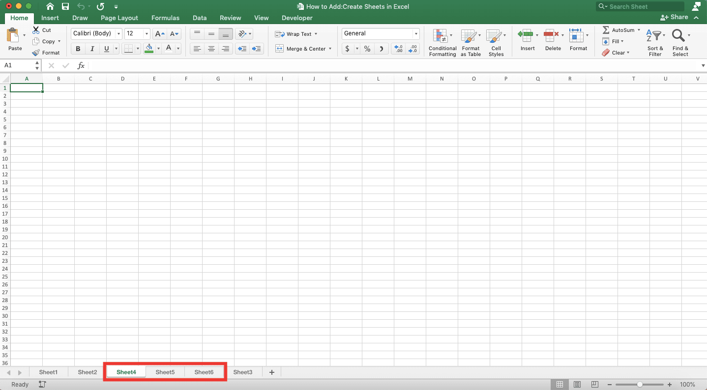 How to Add/Create Sheets in Excel - Screenshot of the Multiple Sheets Addition Result Example
