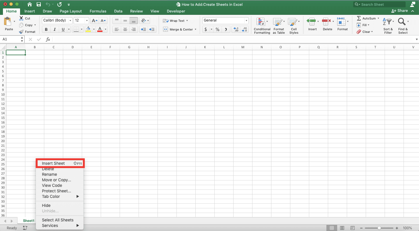 How to Add/Create Sheets in Excel - Screenshot of the Right-Click Method, Step 1