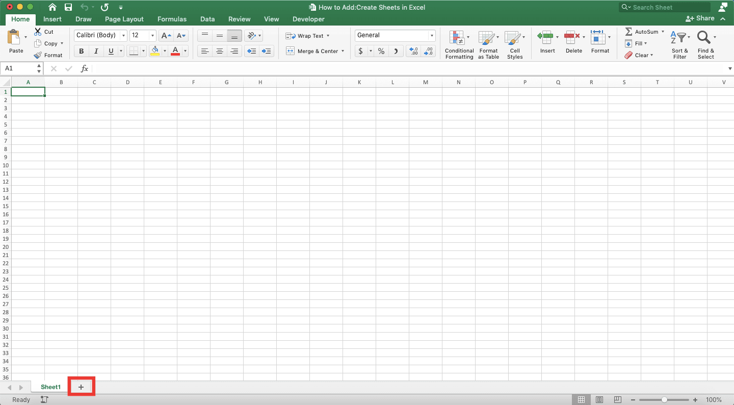How to Add/Create Sheets in Excel - Screenshot of the Insert Worksheet Symbol Method, Step 1