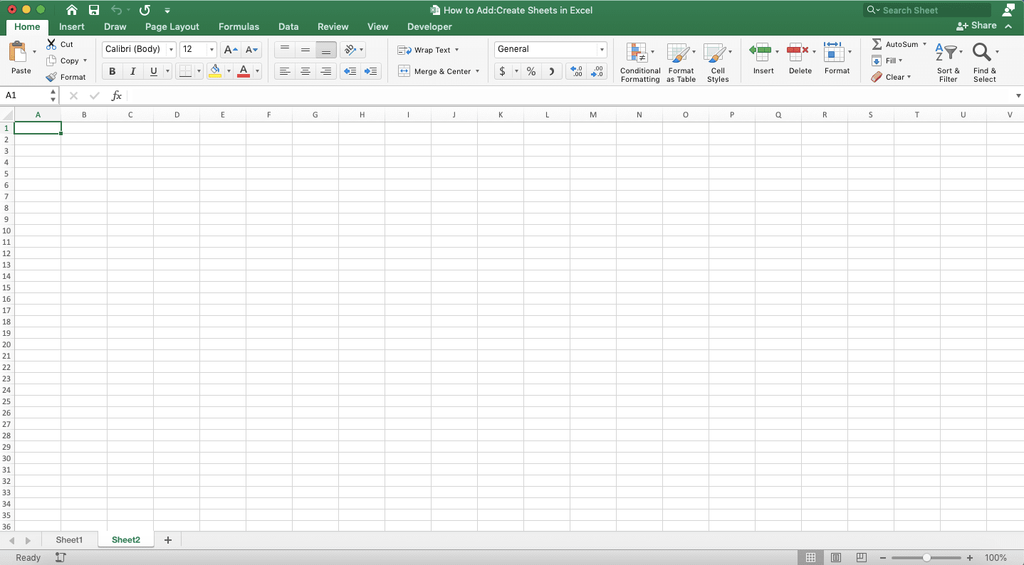 How to Add/Create Sheets in Excel - Screenshot of the Insert Worksheet Symbol Method, Step 2