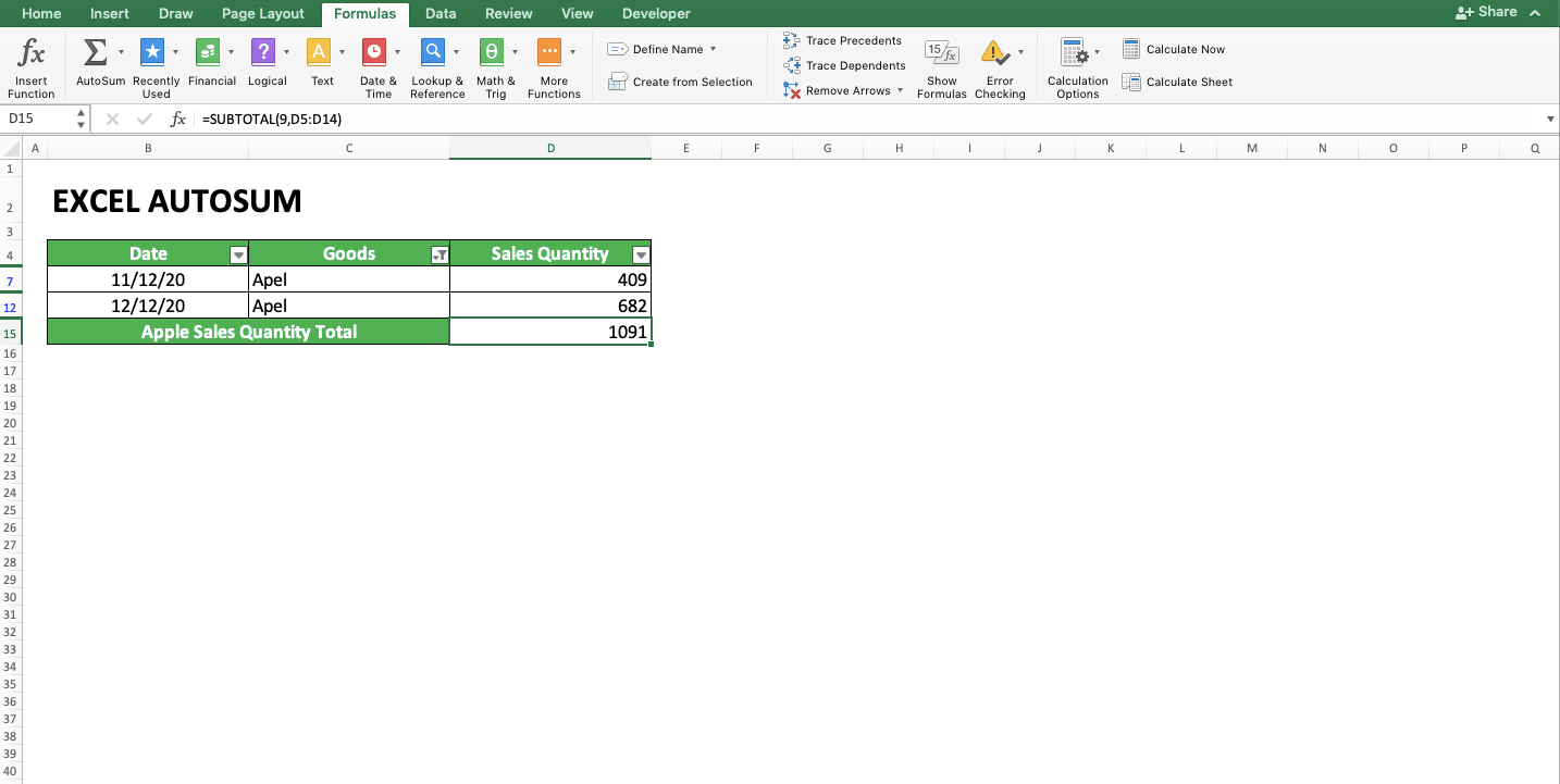 How to Use AutoSum in Excel and Its Usability - Screenshot of Other AutoSum Functions 3: SUBTOTAL