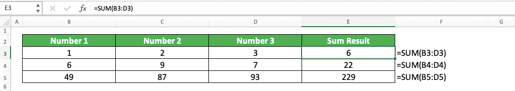 8 Basic Excel Formulas and How to Use Them + Examples - Screenshot of the SUM Implementation Example