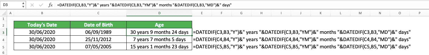 How to Calculate Age in Excel - Screenshot of the Age Calculation Implementation Example with a Complete Result (Year, Month, and Day Numbers)