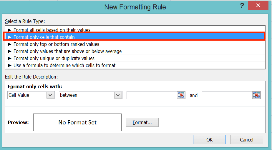 How to Calculate Age in Excel - Screenshot of the Format only cells that contain Choice in the Select a Rule Type Box