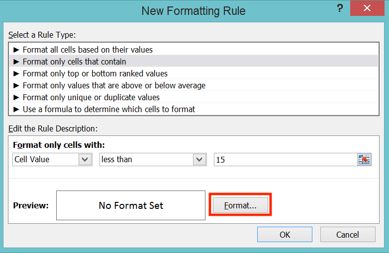 How to Calculate Age in Excel - Screenshot of the Format... Button Location in the Conditional Formatting Dialog Box