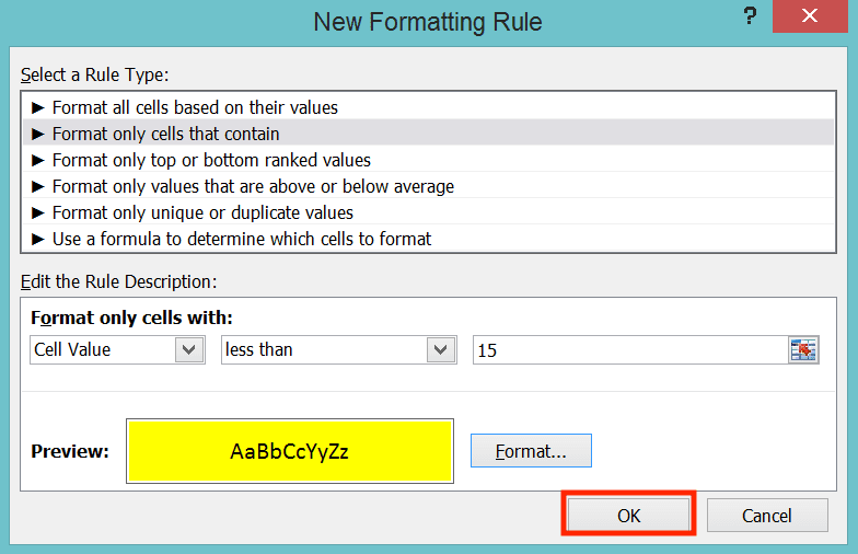 How to Calculate Age in Excel - Screenshot of the OK Button Location in the Conditional Formating Dialog Box