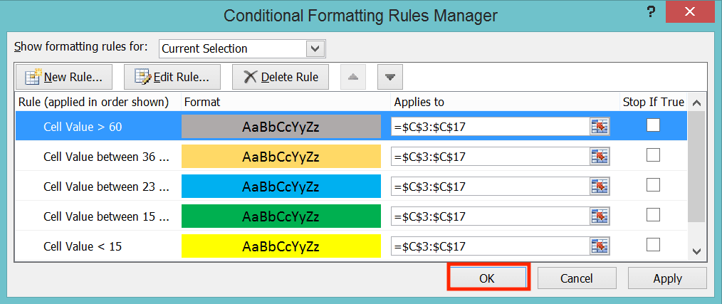 How to Calculate Age in Excel - Screenshot of the OK Button Location in the Conditional Formatting Dialog Box