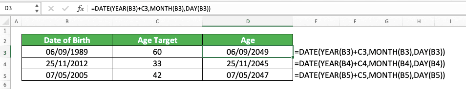 How to Calculate Age in Excel - Screenshot of the Date Calculation Implementation Example to Get to a Specific Age