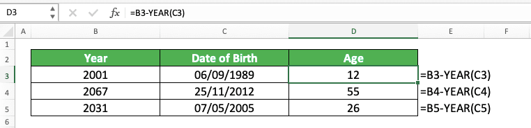 How to Calculate Age in Excel - Screenshot of the Age Calculation Implementation Example with a Specific Year