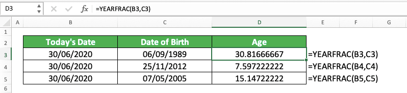 How to Calculate Age in Excel - Screenshot of the YEARFRAC Implementation Example to Calculate Age