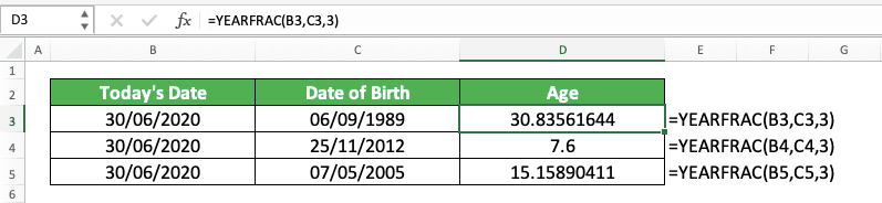 How to Calculate Age in Excel - Screenshot of the Example of the Difference the YEARFRAC Calculation Basis Makes When Calculating Age