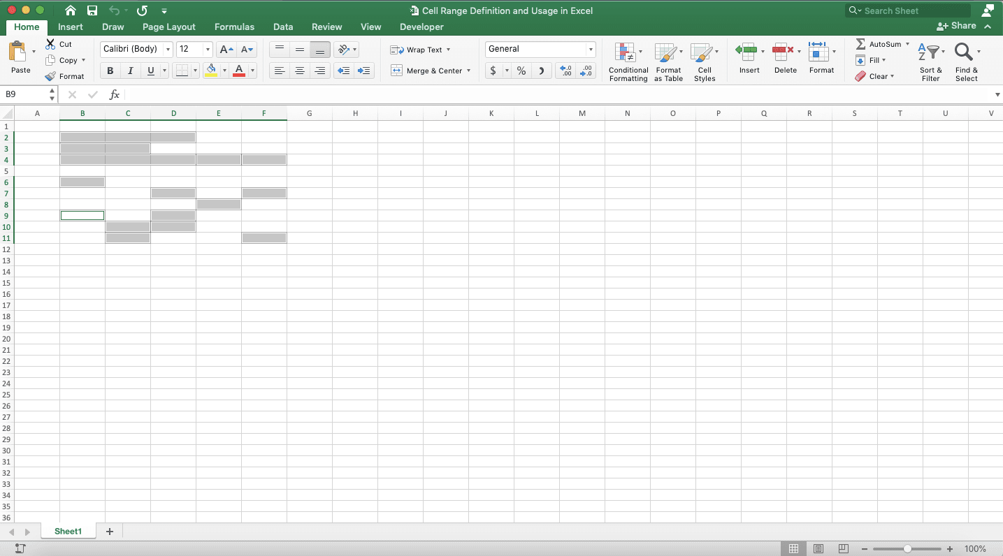 Cell Range Definition and Usage in Excel - Screenshot of the Example of Unorganized Cell Range