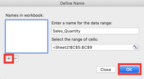Cell Range Definition and Usage in Excel - Screenshot of the OK and plus sign button location in the Define Names Dialog Box