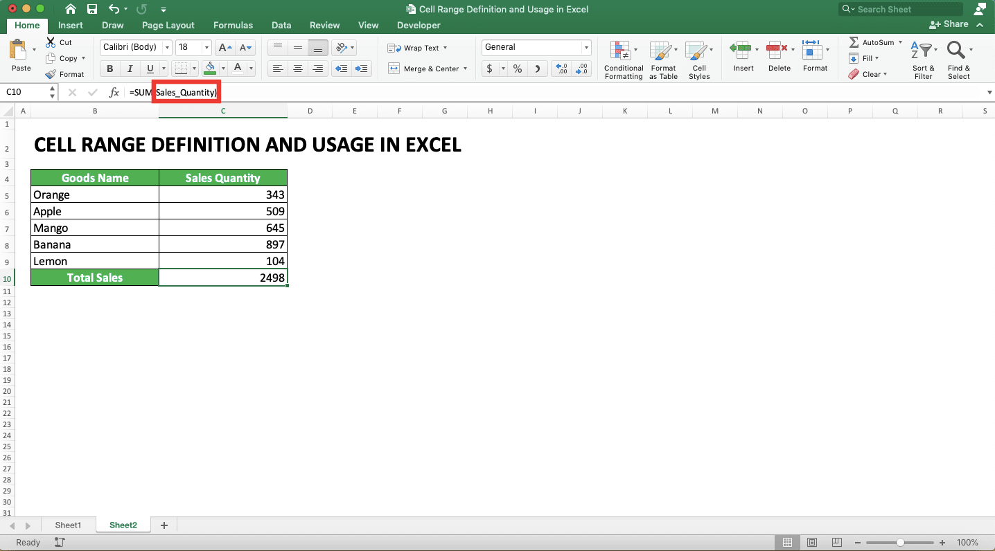 Cell Range Definition and Usage in Excel - Screenshot of the Named Range Usage