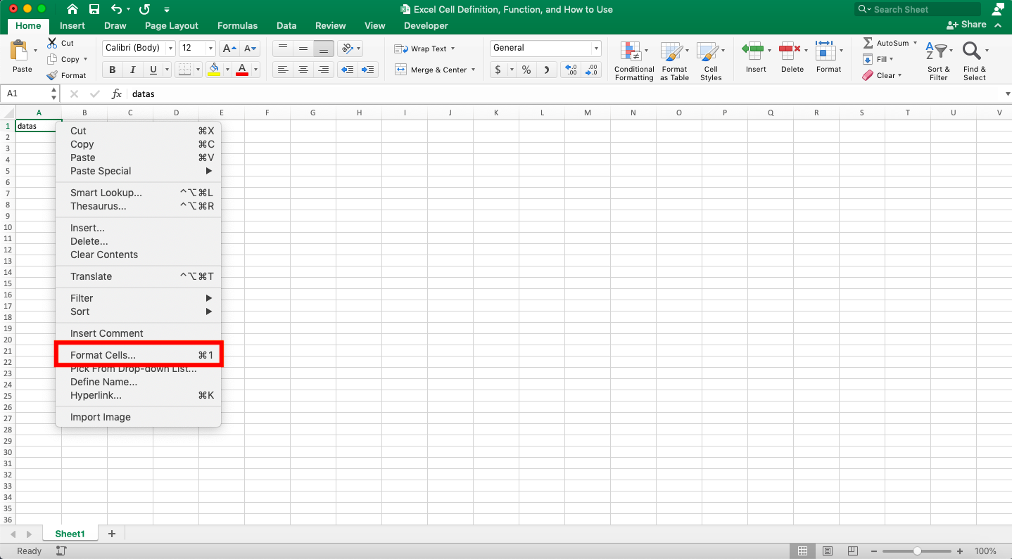 Excel Cell Definition, Functions, and How to Use - Screenshot of the Format Cells Location in the Excel Sheet Right-Click Menu