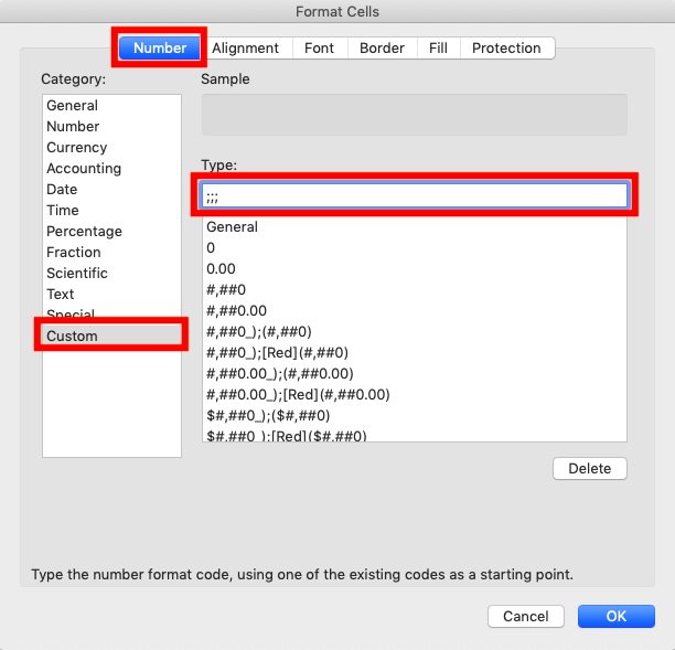 Excel Cell Definition, Functions, and How to Use - Screenshot of the ;;; Inout to Hide a Cell Content