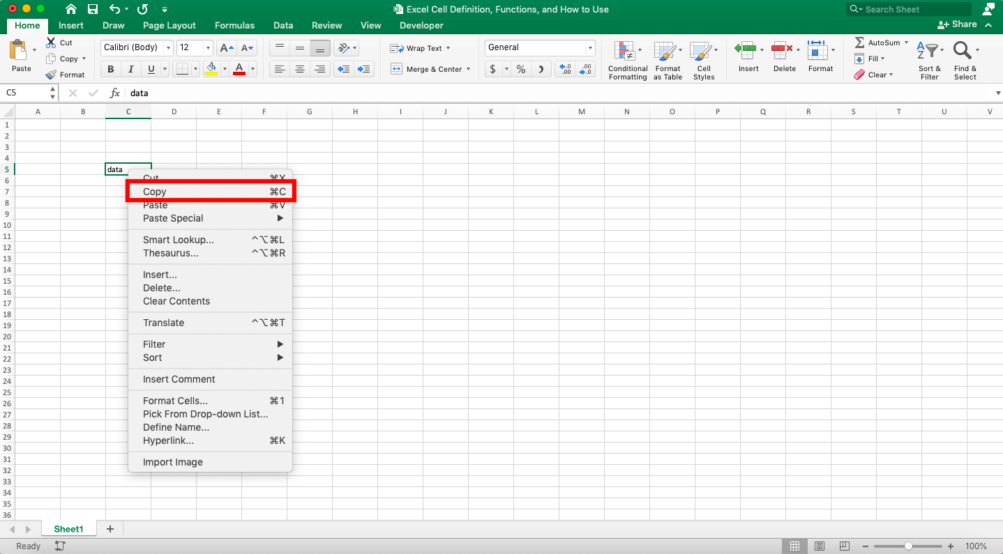 Excel Cell Definition, Functions, and How to Use - Screenshot of the Copy Choice Location in the Cell Right-Click Menu in Excel