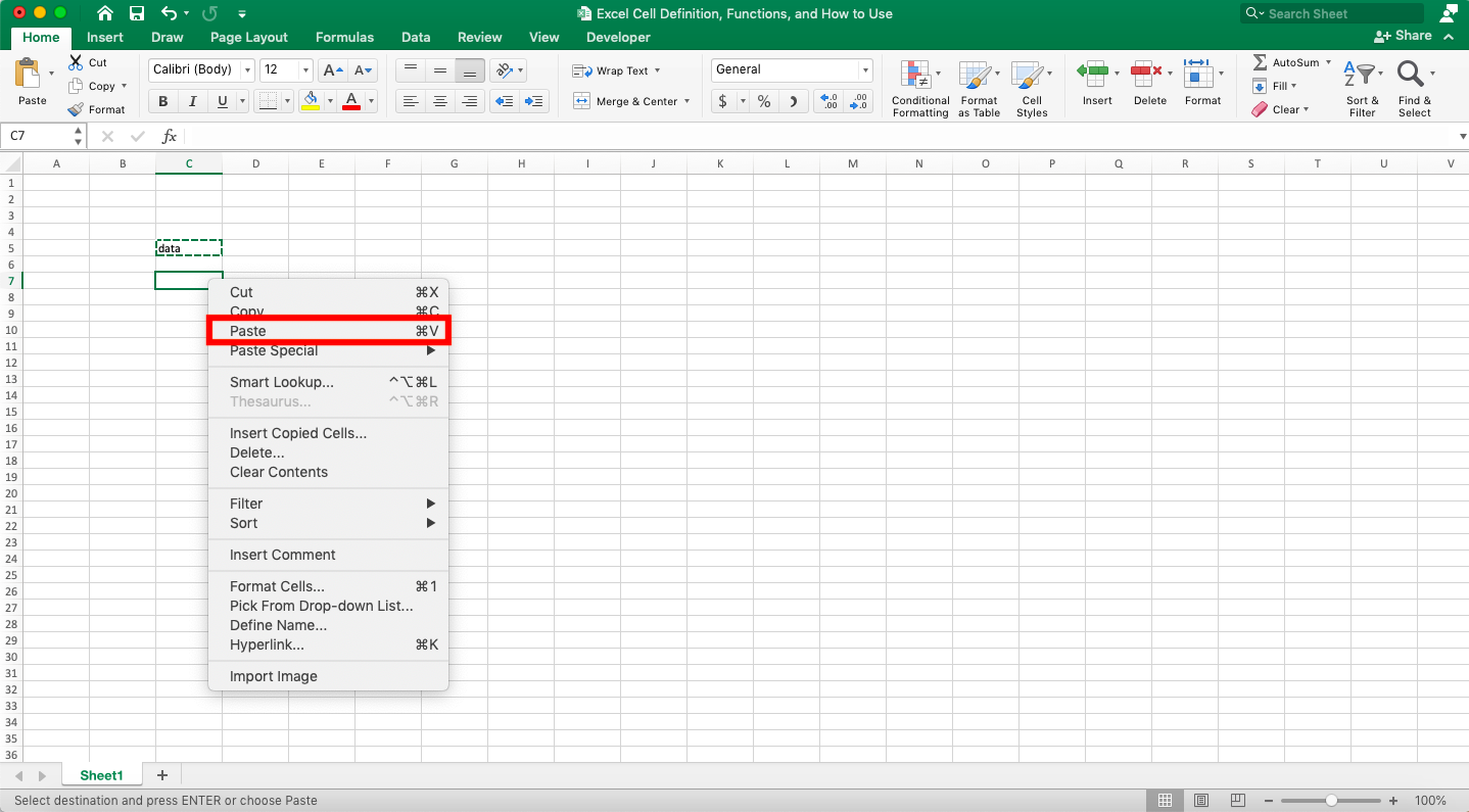 Excel Cell Definition, Functions, and How to Use - Screenshot of the Paste Choice Location in the Cell Right-Click Menu in Excel