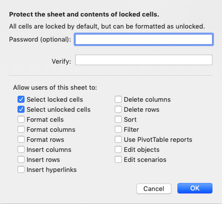 Excel Cell Definition, Functions, and How to Use - Screenshot of the Protect Sheet Dialog Box in Excel