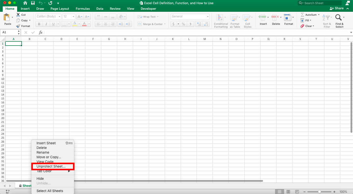 Excel Cell Definition, Functions, and How to Use - Screenshot of the Unprotect Sheet... Location in the Excel Sheet Right-Click Menu