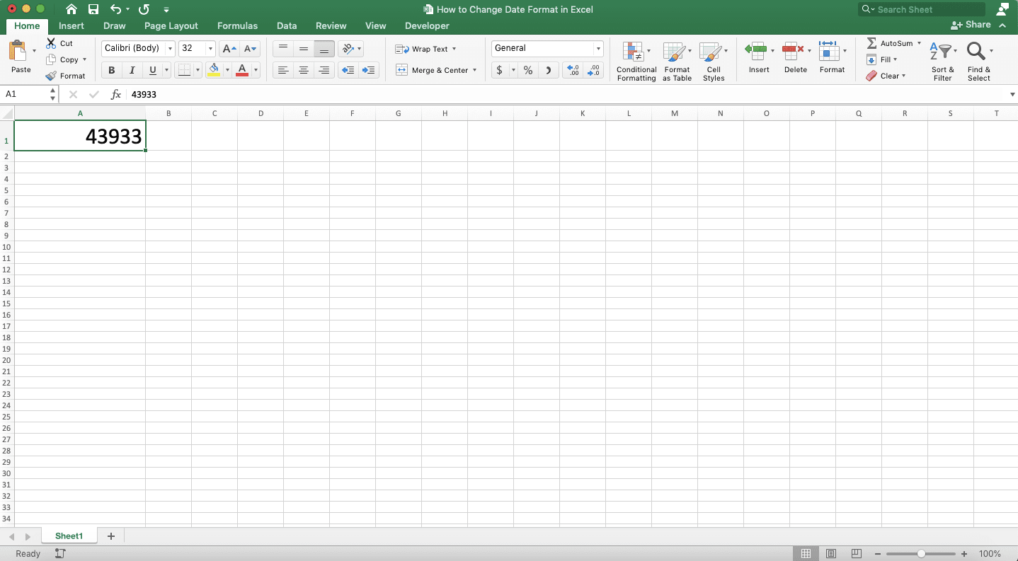 How to Change Date Format in Excel - Screenshot of the Example of a Date with the General Data Type