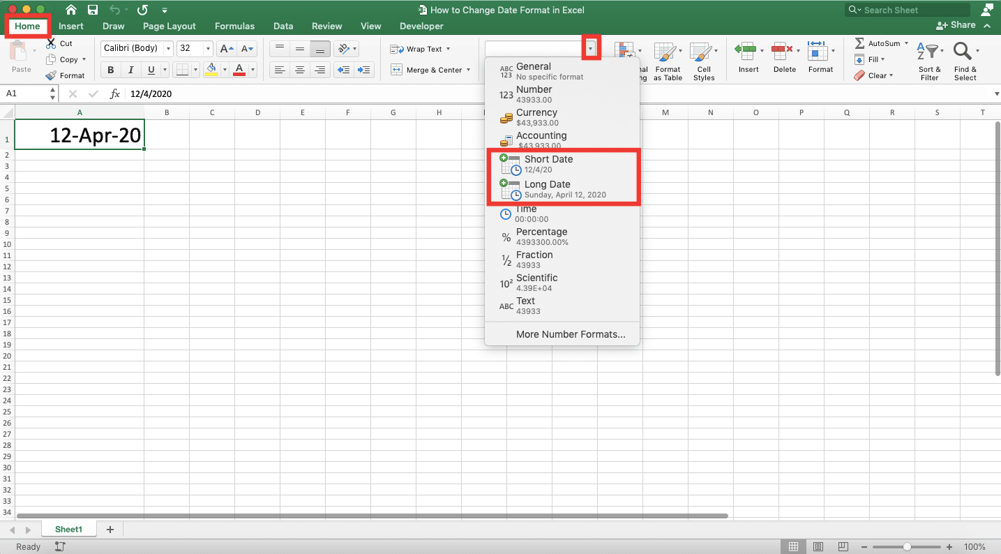 How to Change Date Format in Excel - Screenshot of the Home Tab, Data Format Dropdown Button, and Its Short Date & Long Date Choices Location