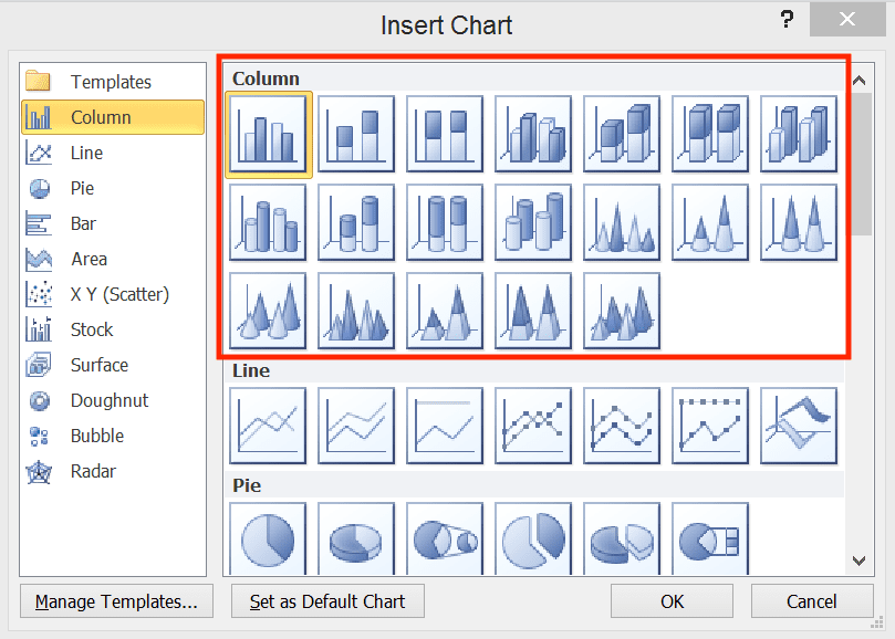 How to Make a Chart in Excel - Screenshot of the Column Chart Choices in Excel