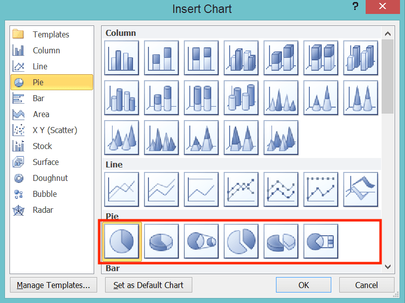 How to Make a Chart in Excel - Screenshot of the Pie Chart Choices in Excel