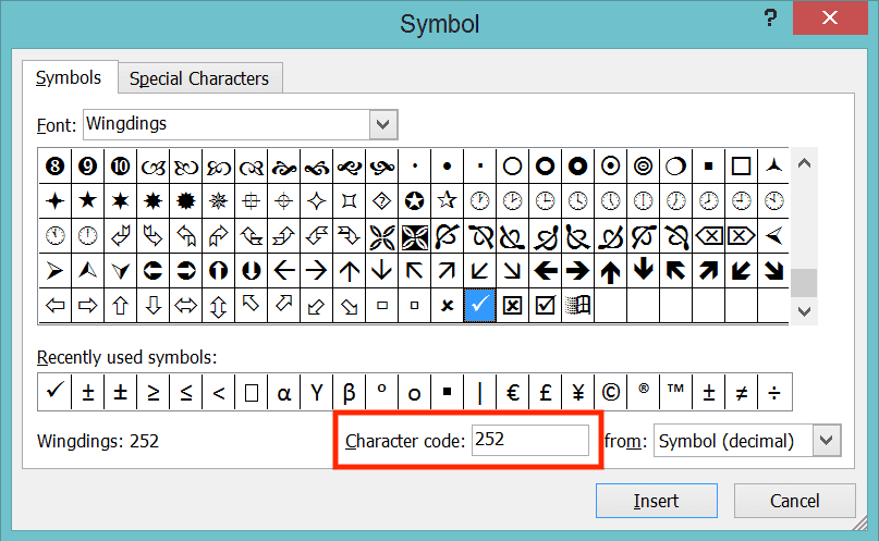 How to Insert a Tick Symbol/Checkmark in Excel - Screenshot of the Symbol Code Location in the Symbol Menu Dialog Box in Excel