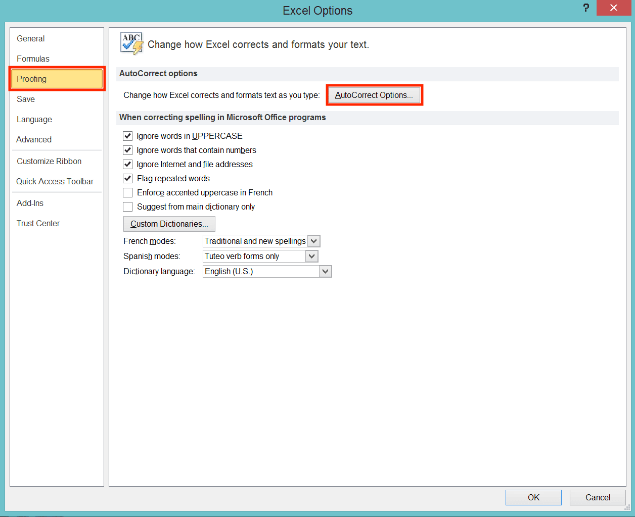 How to Insert a Tick Symbol/Checkmark in Excel - Screenshot of the Proofing and AutoCorrect Options Buttons Locations in Excel