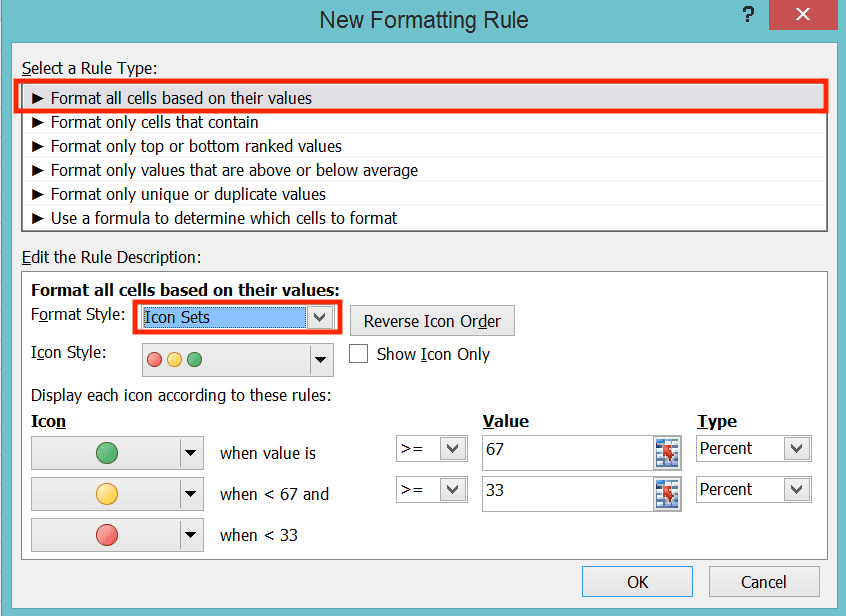How to Insert a Tick Symbol/Checkmark in Excel - Screenshot of the Rule Type and Format Style Dropdown Settings Example in the Conditional Formatting Dialog Box Example to Insert a Checkmark/Tick Symbol in Excel