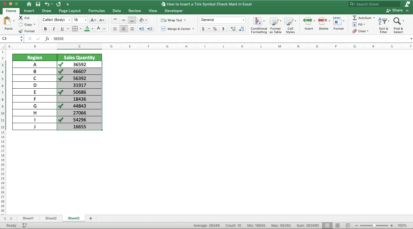 How to Insert a Tick Symbol/Checkmark in Excel - Screenshot of the Conditional Formatting Result Example to Insert a Checkmark/Tick Symbol in Excel