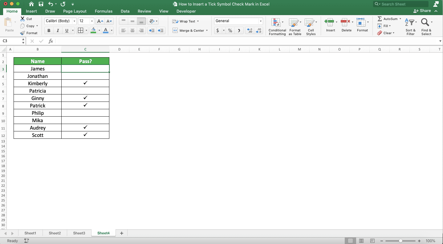 How to Insert a Tick Symbol/Checkmark in Excel - Screenshot of the Data for the Conditional Formatting Based on Checkmarks/Tick Symbols Implementation Example in Excel