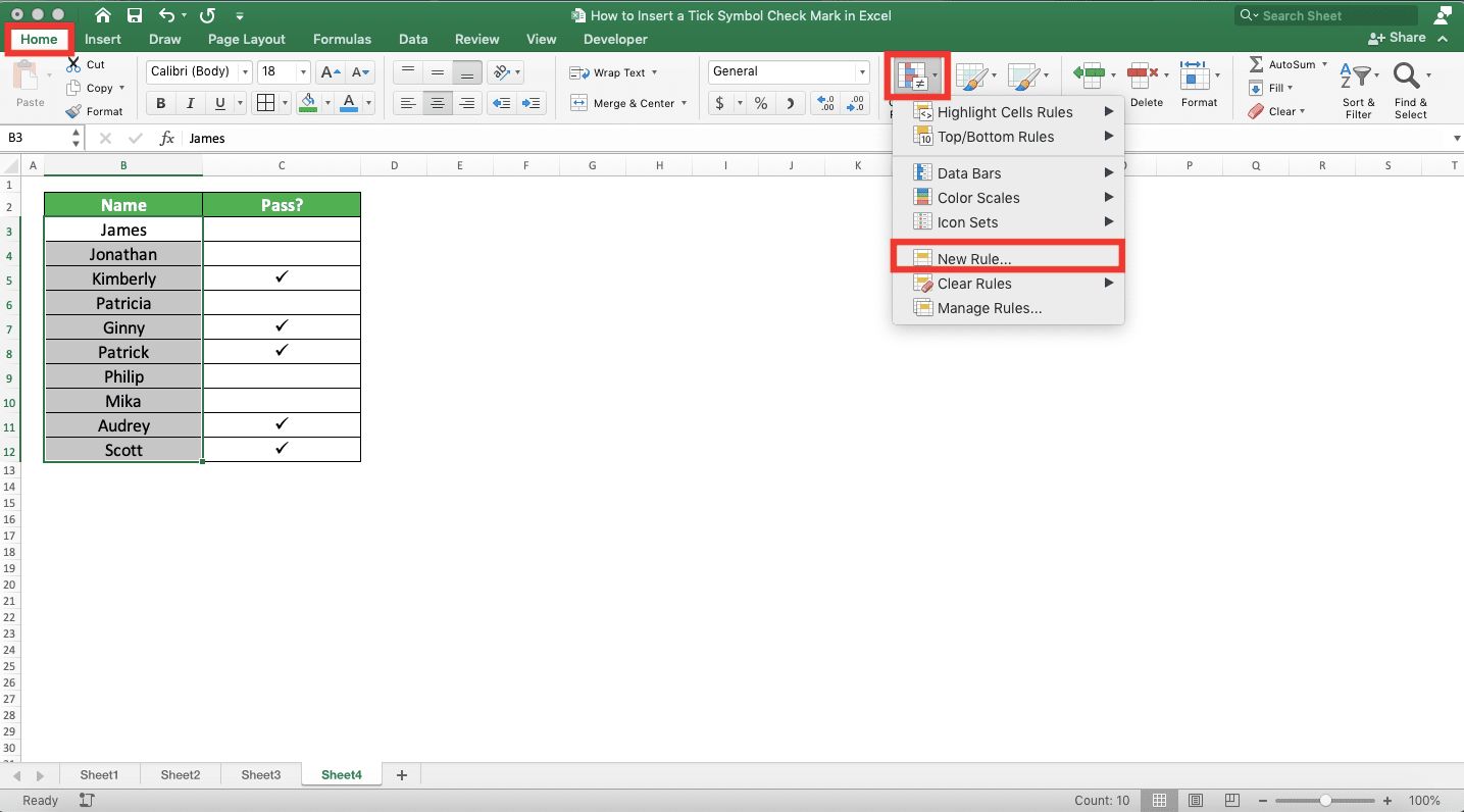 How to Insert a Tick Symbol/Checkmark in Excel - Screenshot of the Home Tab and the Conditional Formatting Dropdown with Its New Rule... Choice in Excel