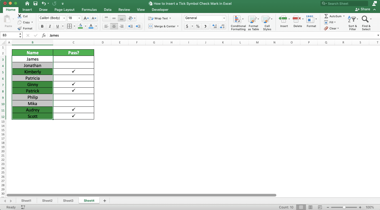 How to Insert a Tick Symbol/Checkmark in Excel - Screenshot of the Conditional Formatting Result Example Based on Checkmarks/Tick Symbols in Excel
