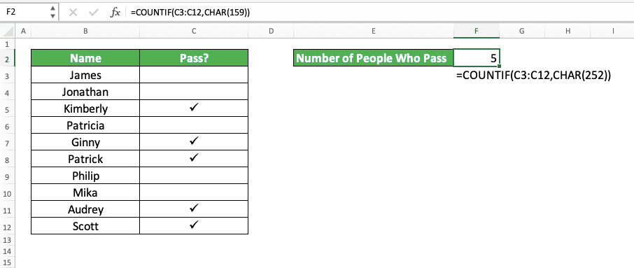 How to Insert a Tick Symbol/Checkmark in Excel - Screenshot of the Checkmark Counting Result Example Using COUNTIF in Excel