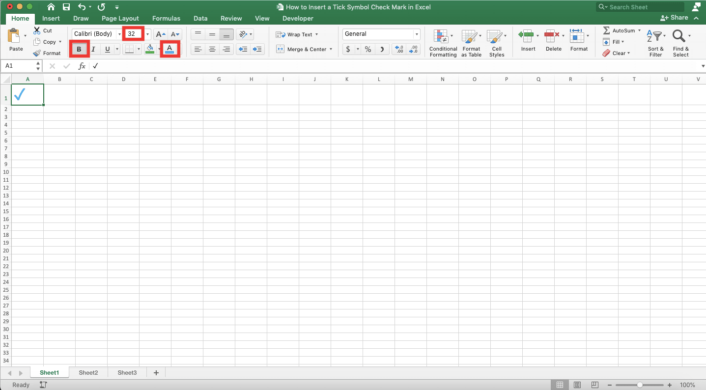 How to Insert a Tick Symbol/Checkmark in Excel - Screenshot of a Checkmark Formatting Result Example in an Excel Cell