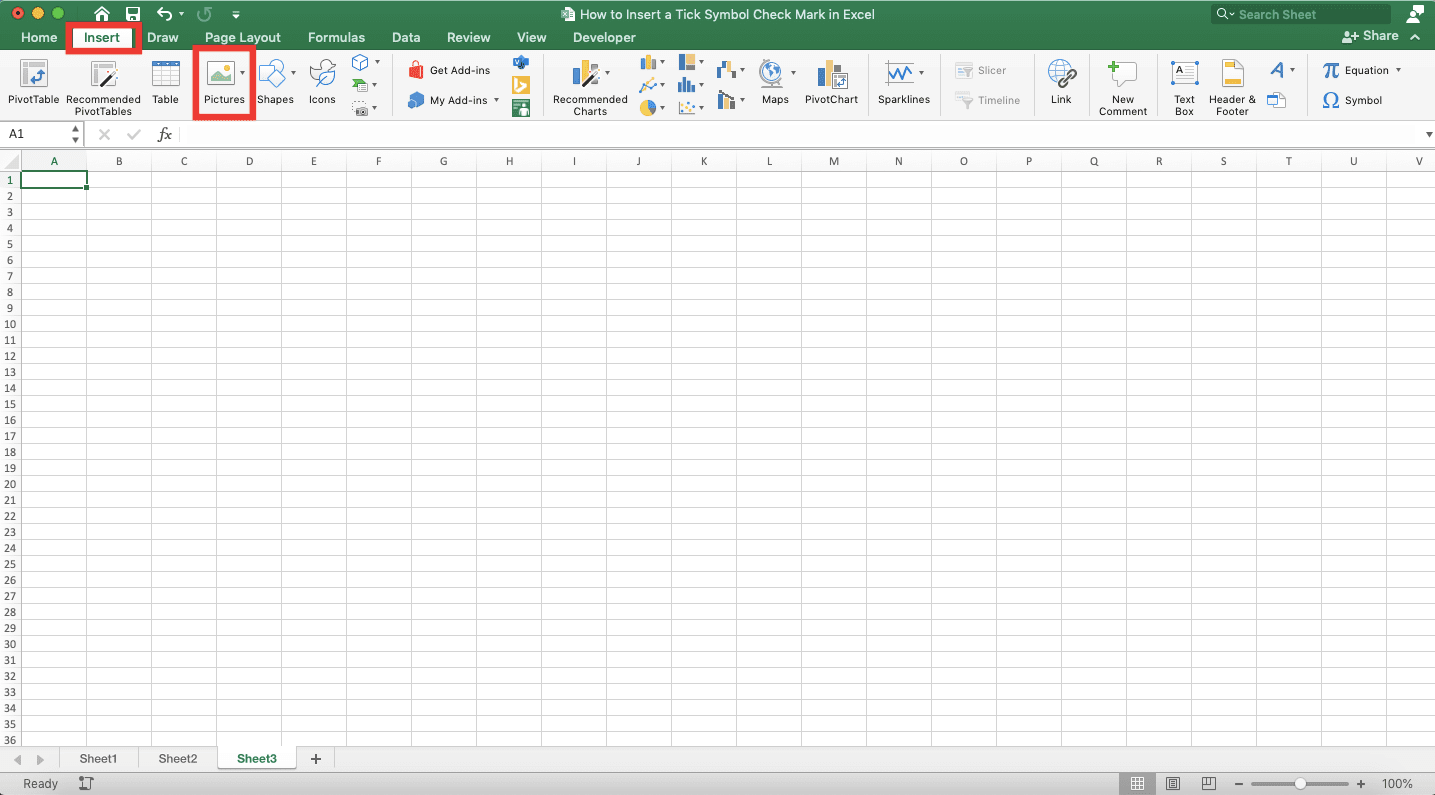 How to Insert a Tick Symbol/Checkmark in Excel - Screenshot of the Insert Tab and Picture Button Locations in Excel