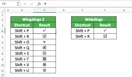How to Insert a Tick Symbol/Checkmark in Excel - Screenshot of the Shortcuts to Insert a Checkmark/Tick Symbol in Excel