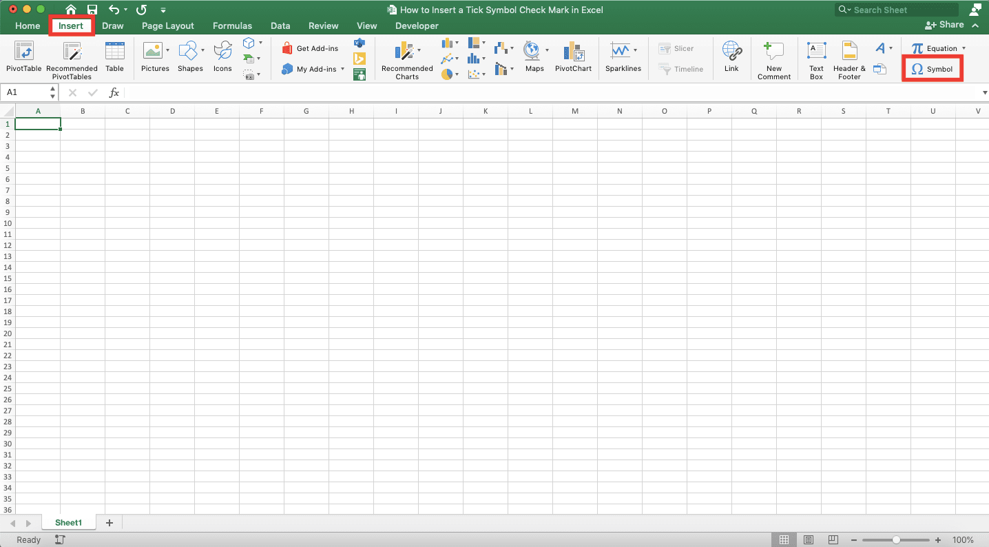 How to Insert a Tick Symbol/Checkmark in Excel - Screenshot of the Insert Tab and Symbol Button Locations in Excel