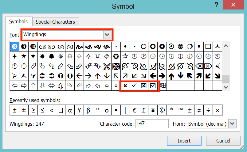 How to Insert a Tick Symbol/Checkmark in Excel - Screenshot of the Symbol Menu Dialog Box to Insert a Tick Symbol/Checkmark in Excel