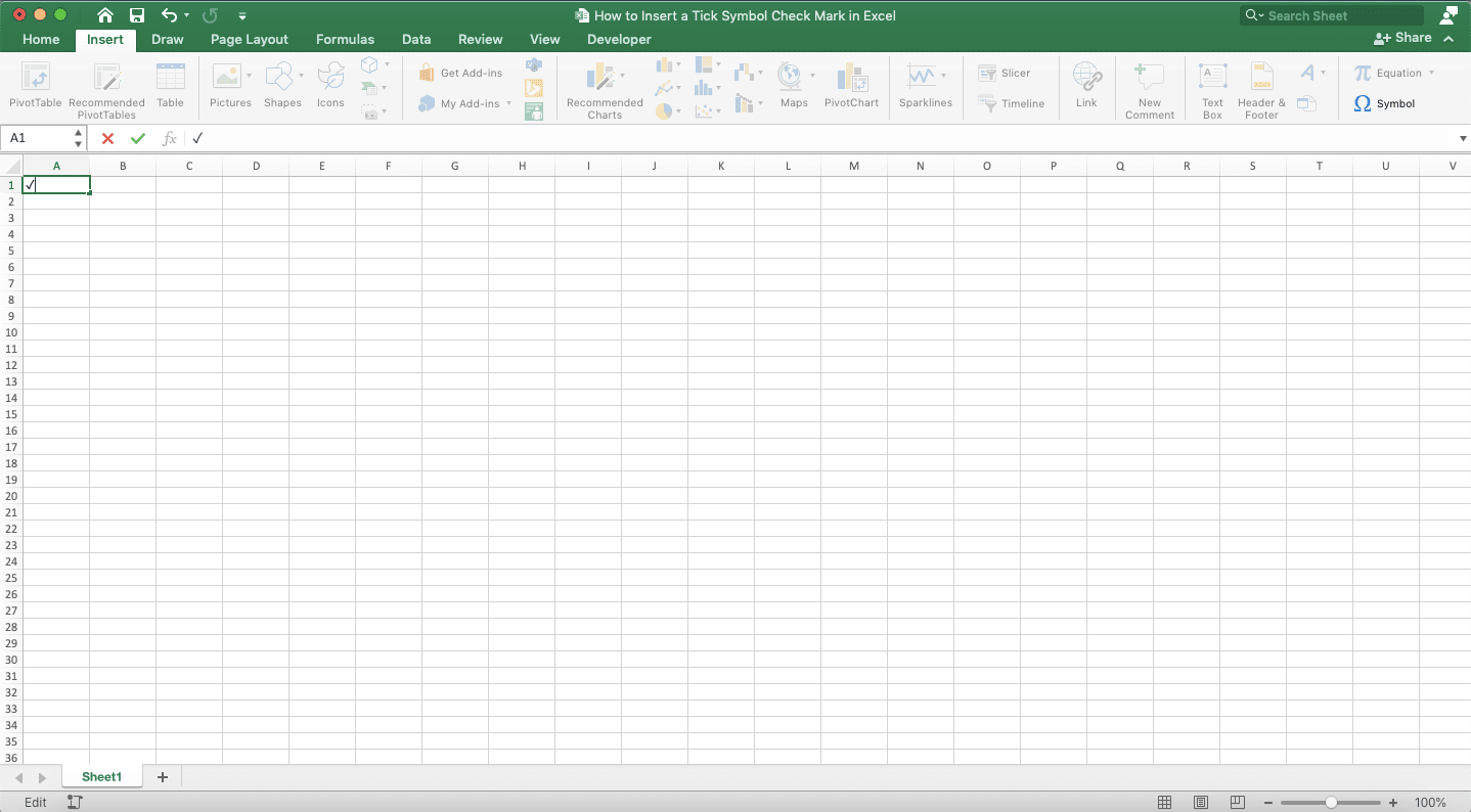 How to Insert a Tick Symbol/Checkmark in Excel - Screenshot of the Checkmark Result Example from the Symbol Menu Method Implementation in Excel