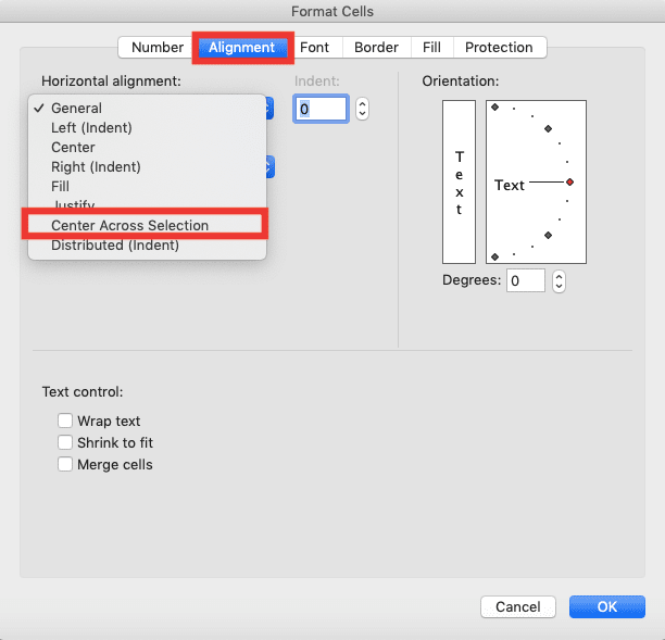 How to Combine/Merge Cells in Excel - Screenshot of the Alignment Tab and Center Across Selection Dropdown Choice Locations in the Format Cells Dialog Box