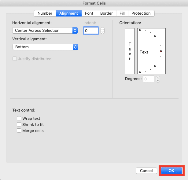 How to Combine/Merge Cells in Excel - Screenshot of the OK Button Location in the Format Cells Dialog Box