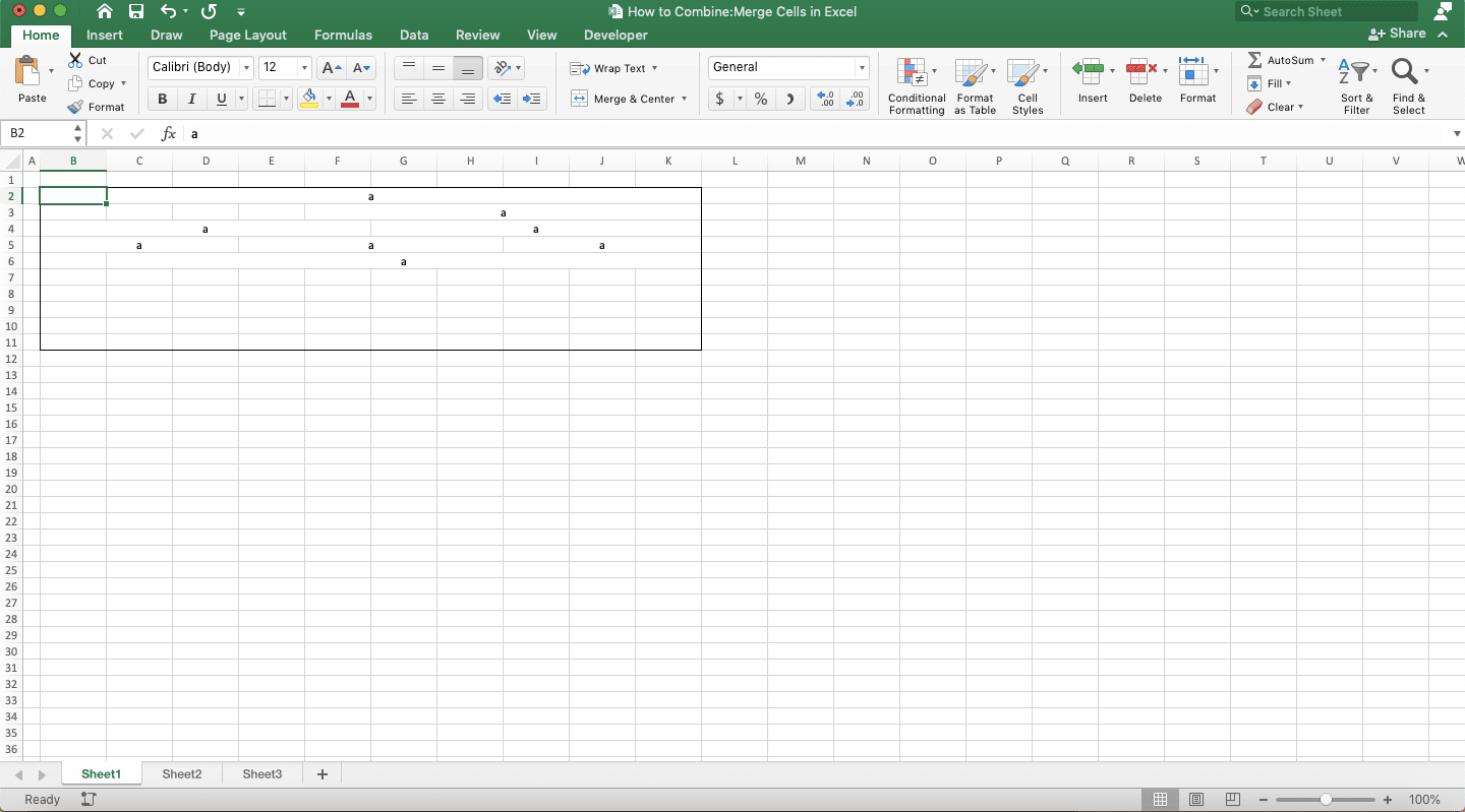 How to Combine/Merge Cells in Excel - Screenshot of the Cells Combination Result of Center Across Selection Format