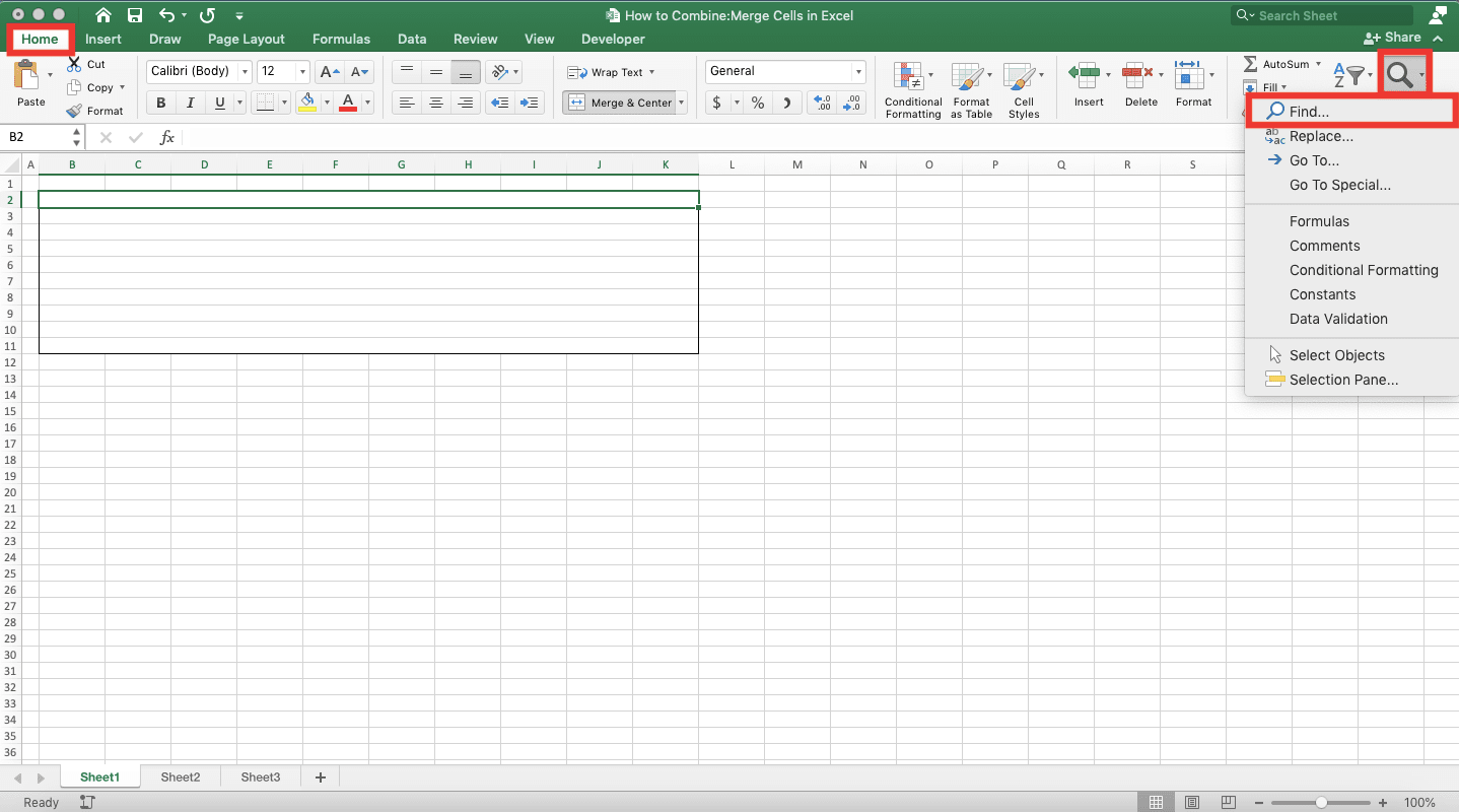 How to Combine/Merge Cells in Excel - Screenshot of the Home Tab, Find & Select Dropdown, and Find Choice Locations