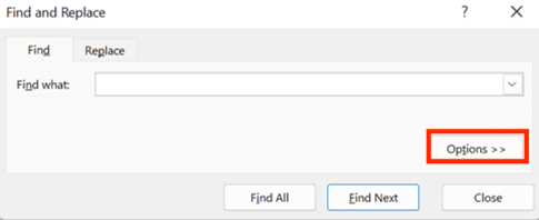 How to Combine/Merge Cells in Excel - Screenshot of the Option Button Location in the Find Dialog Box