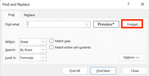 How to Combine/Merge Cells in Excel - Screenshot of the Format Button Location in the Find Dialog Box