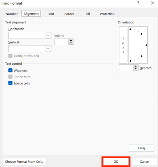 How to Combine/Merge Cells in Excel - Screenshot of the OK Button Location in the Format Cells Dialog Box