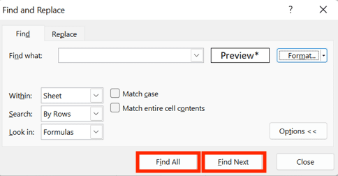 How to Combine/Merge Cells in Excel - Screenshot of the Find Next and Find All Locations in the Find Dialog Box